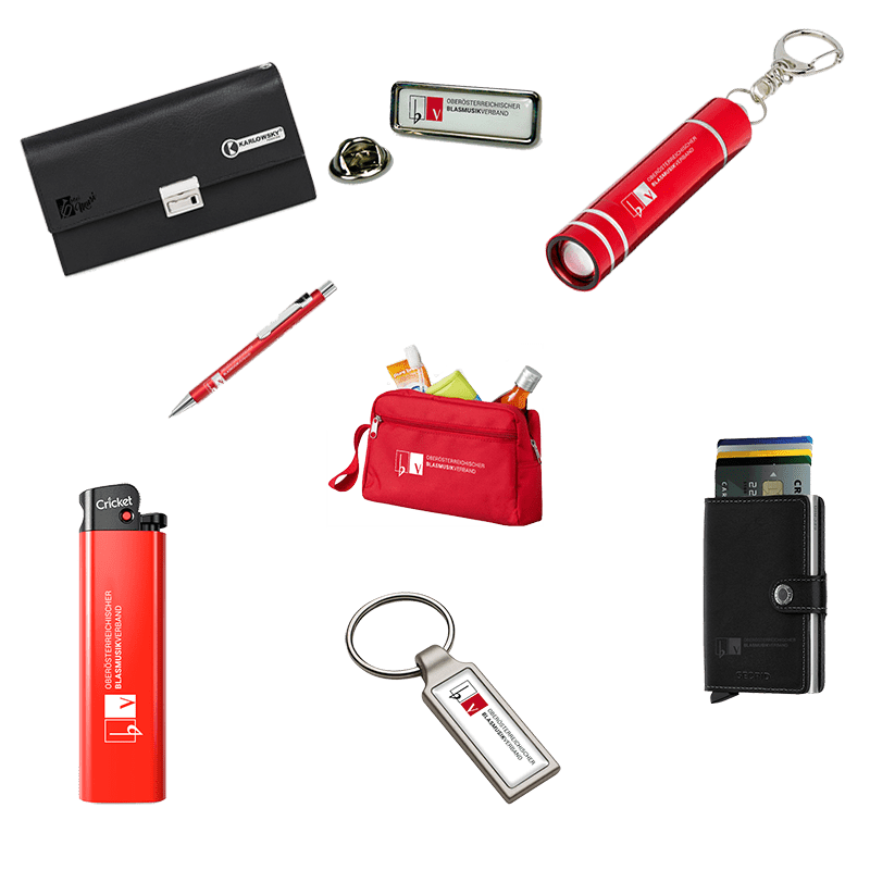Alle Werbemittelprodukte mit Mei Musi Logo und Logo der Oberösterreichischen Blasmusik
